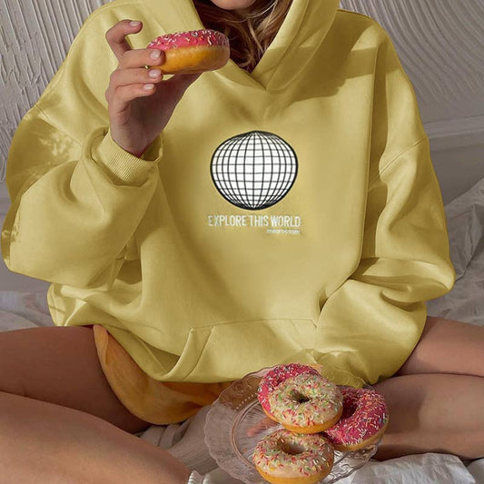 Letter-printed long-sleeved hooded hoodie for women