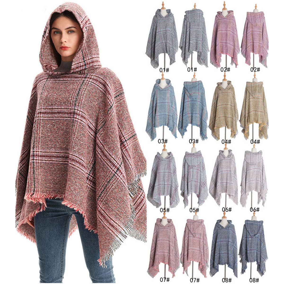 CIRCLE YARN FUR LARGE PLAID HOODED CAPE SHAWL