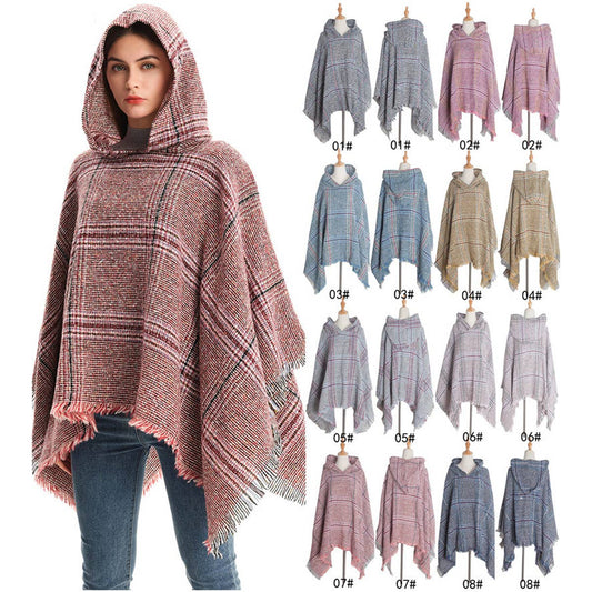 CIRCLE YARN FUR LARGE PLAID HOODED CAPE SHAWL
