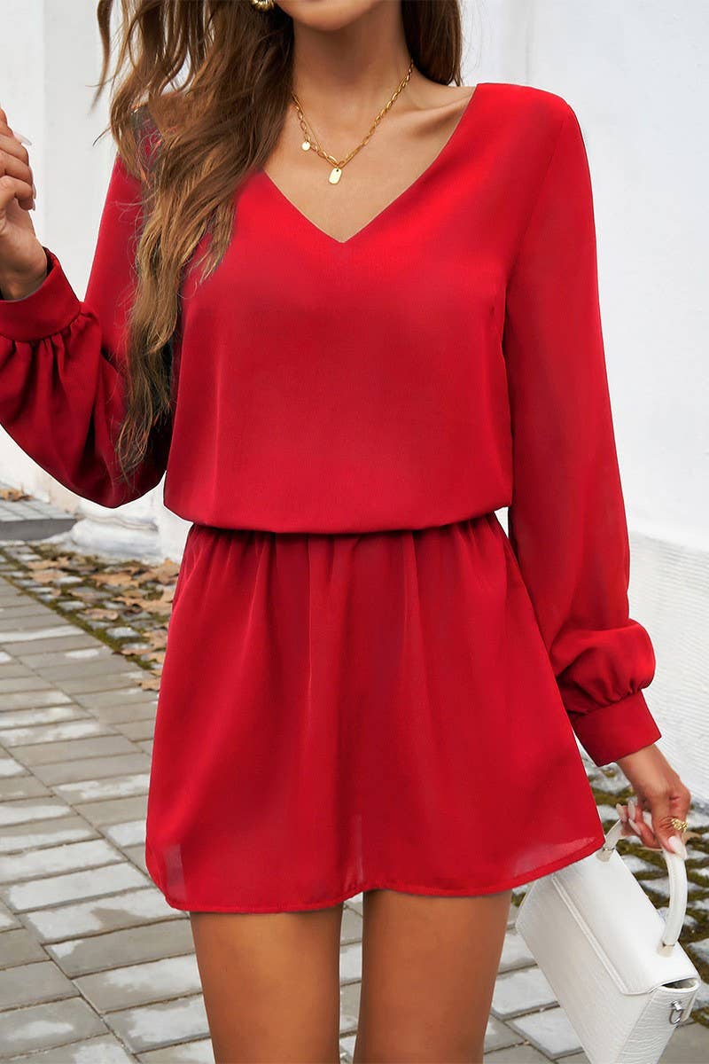 CWDSD5613_V-NECK SOLID COLOR PUFF SLEEVE DRESS