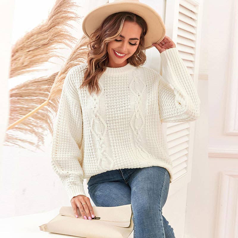 SOLID COLOR CREW NECK TWIST PULLOVER SWEATER