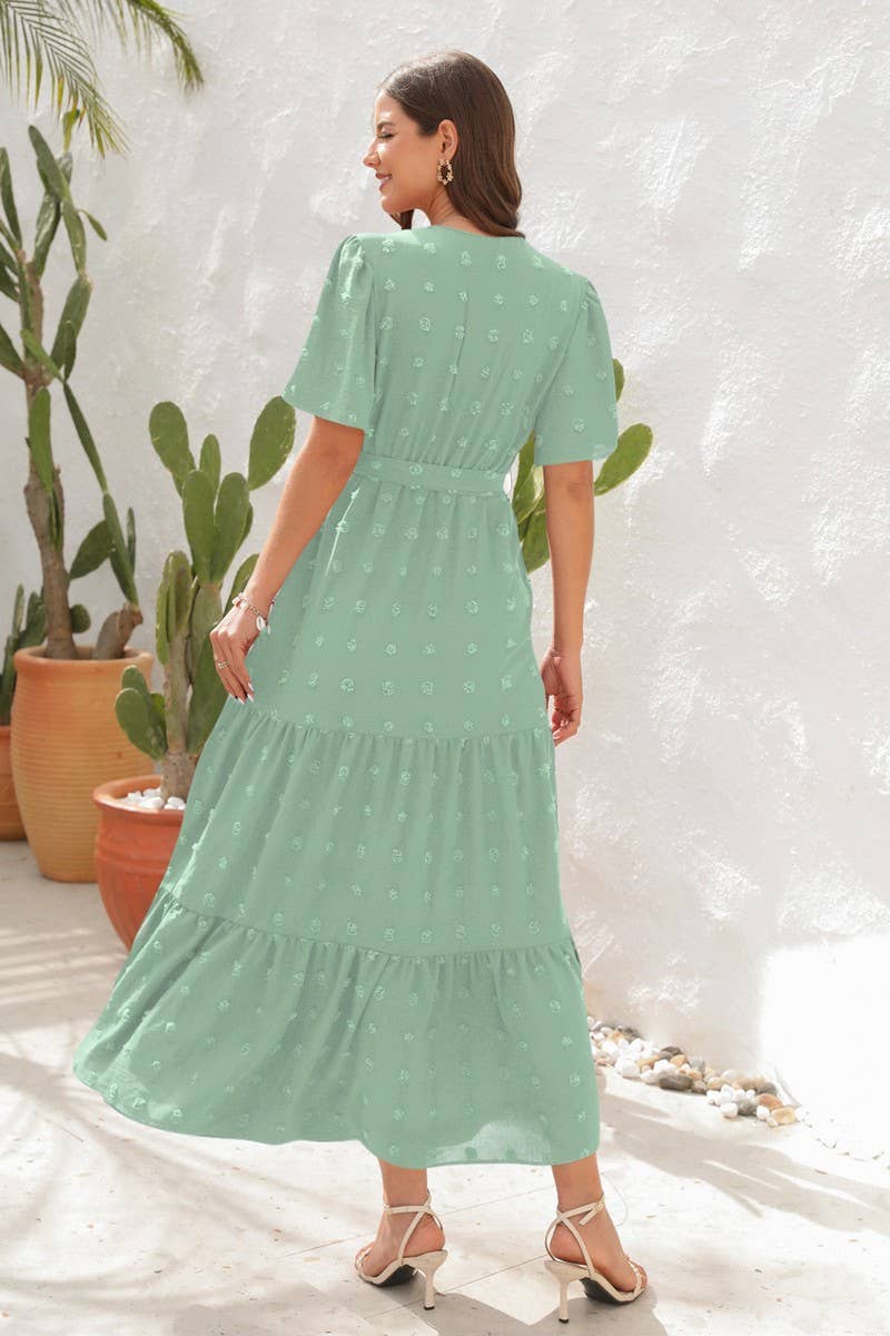 CWDMD2150_V NECK HIGH WAISTED SHORT SLEEVED LONG DRESS