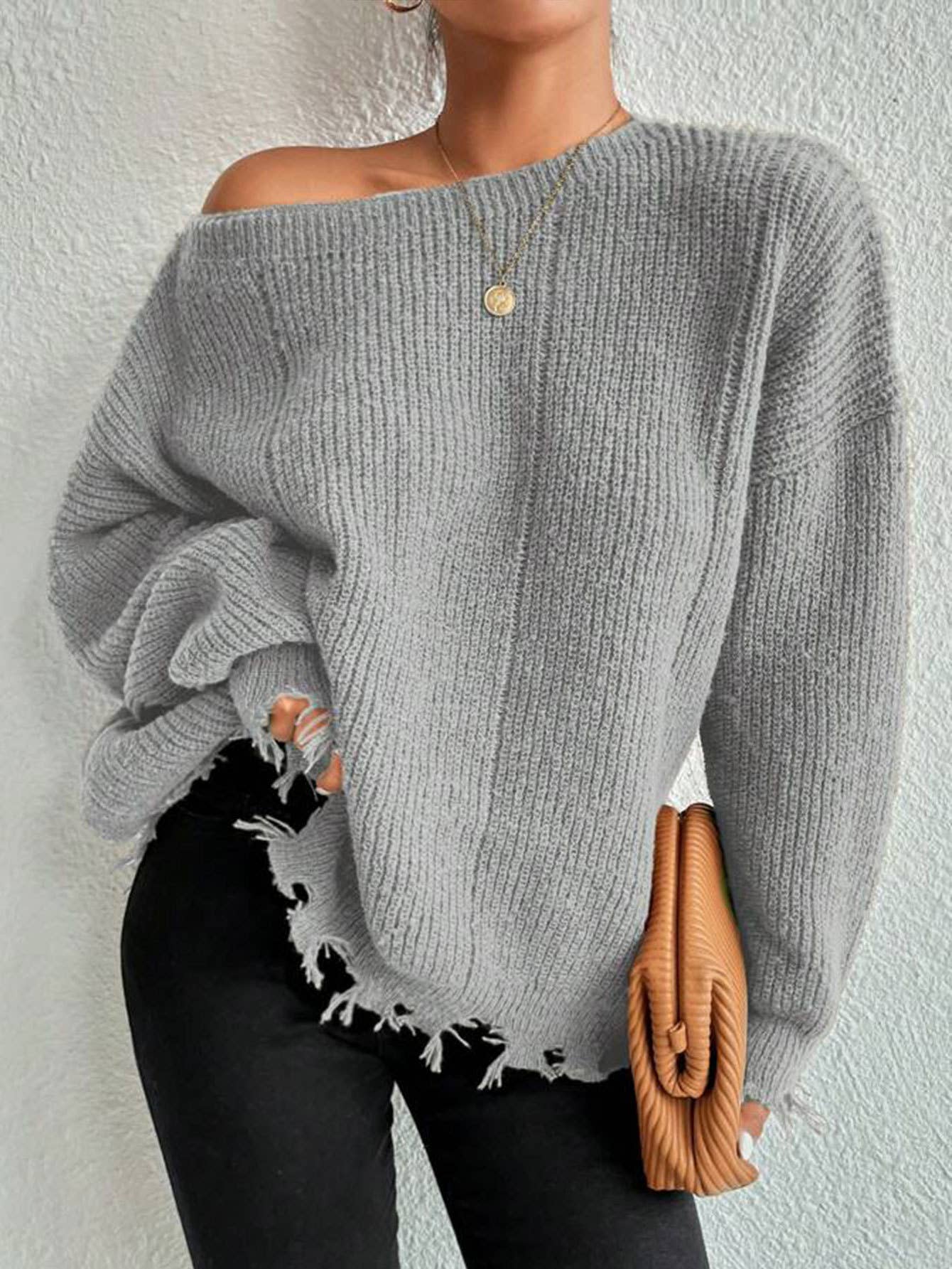 Laid-back style distressed frayed sweater