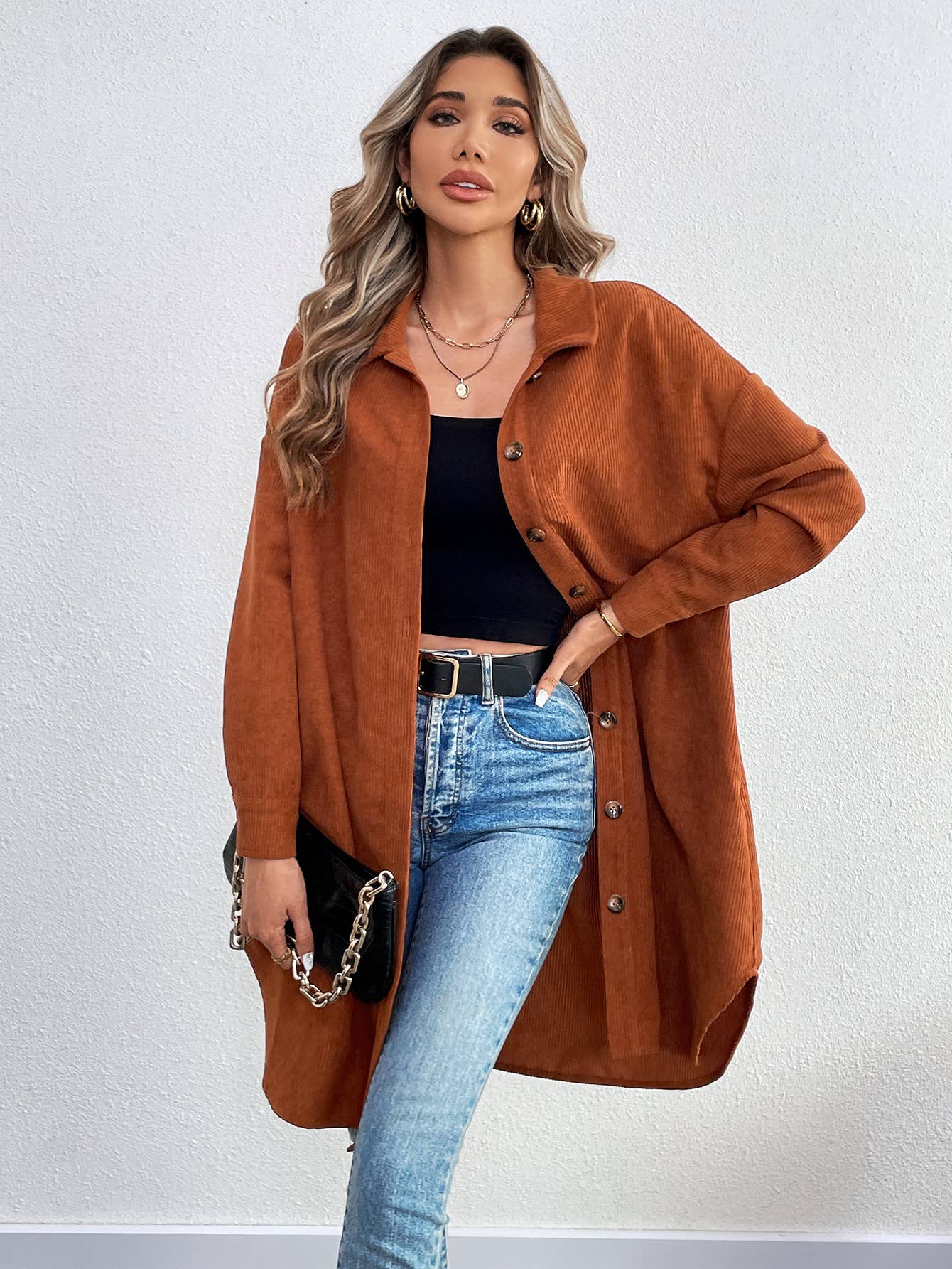 LONG SLEEVE SINGLE BREASTED CORDUROY LONG CARDIGAN