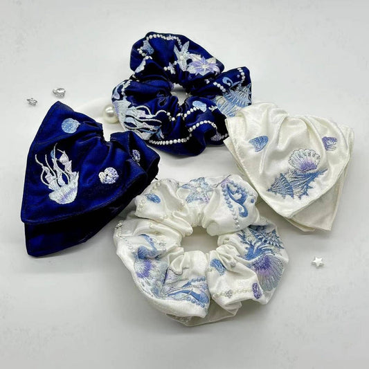 EMBROIDERED MARINE LIFE SQUARE SCARF HAIR TIE