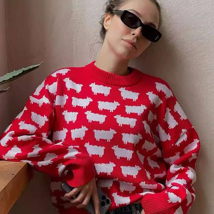 SHEEP PRINT LOOSE CASUAL PULLOVER SWEATER
