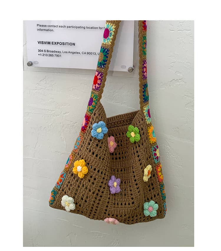 Ethnic-style artistic flower patchwork knit bag