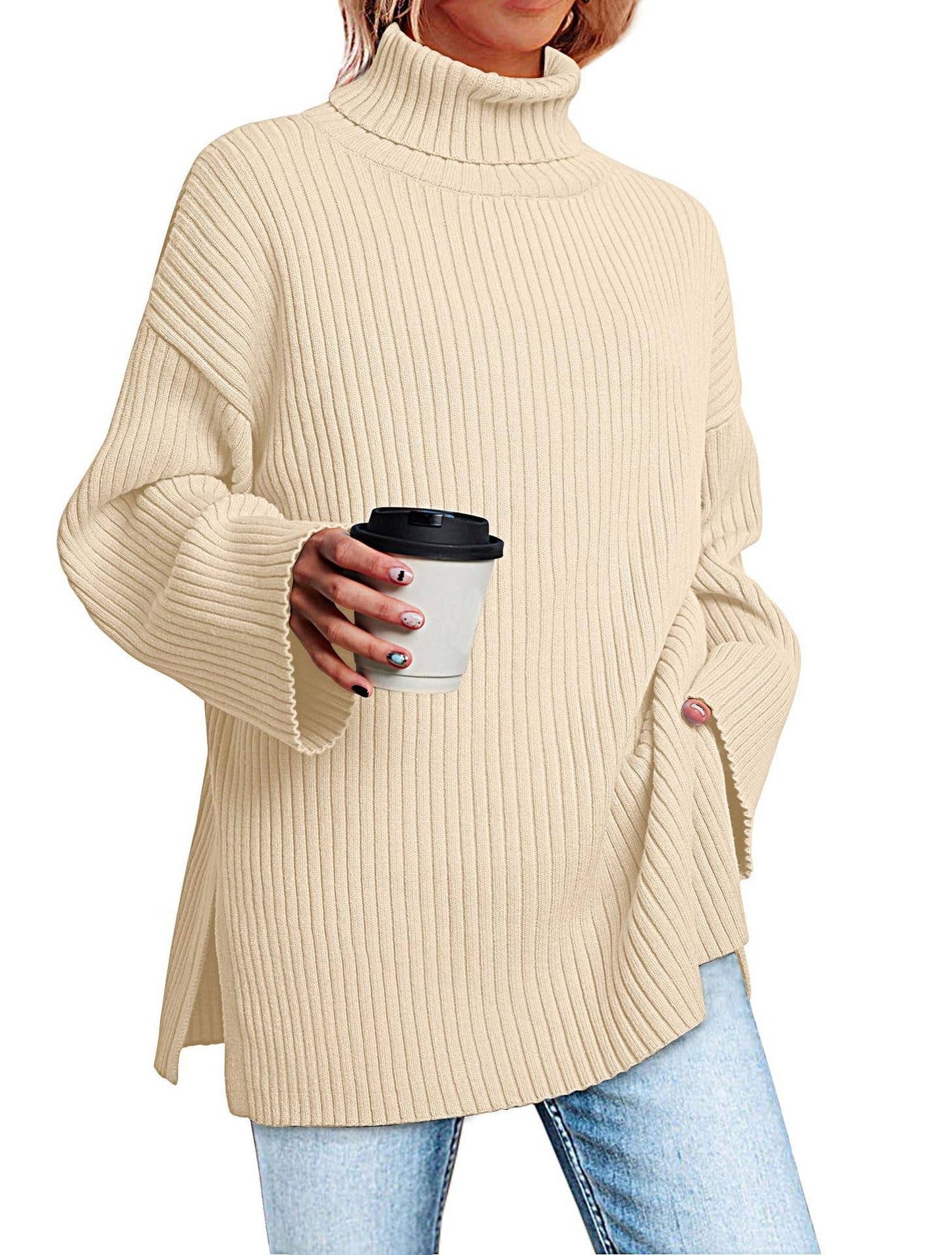 SPLIT TURTLENECK SOLID COLOR RIB KNIT SWEATER
