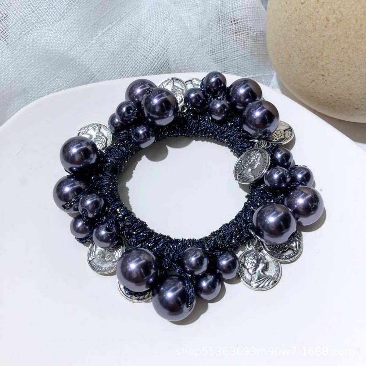 Beaded Hair Tie with Metal Pendant Pearl Band_CWAHA6876