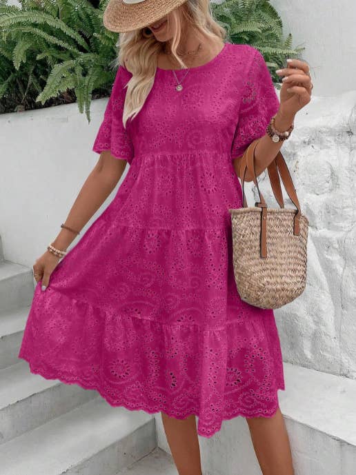 SOLID-COLOR COTTON EMBROIDERED LACE CUTOUT DRESS_CWDSD10724