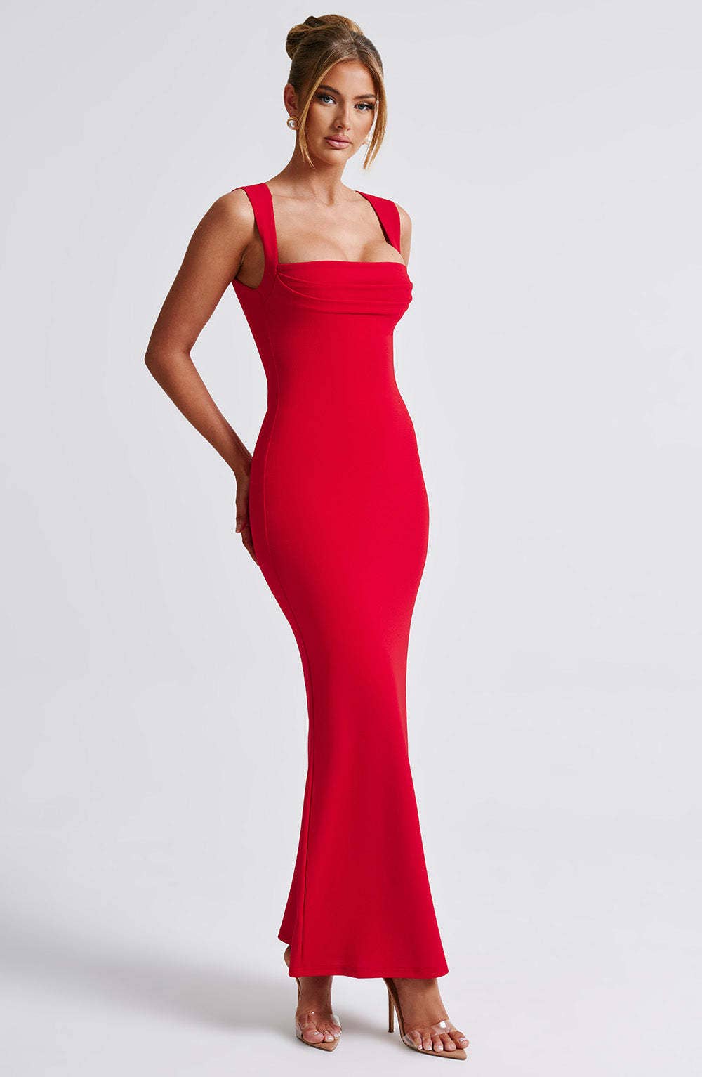 Square collar solid color bag hip long dress