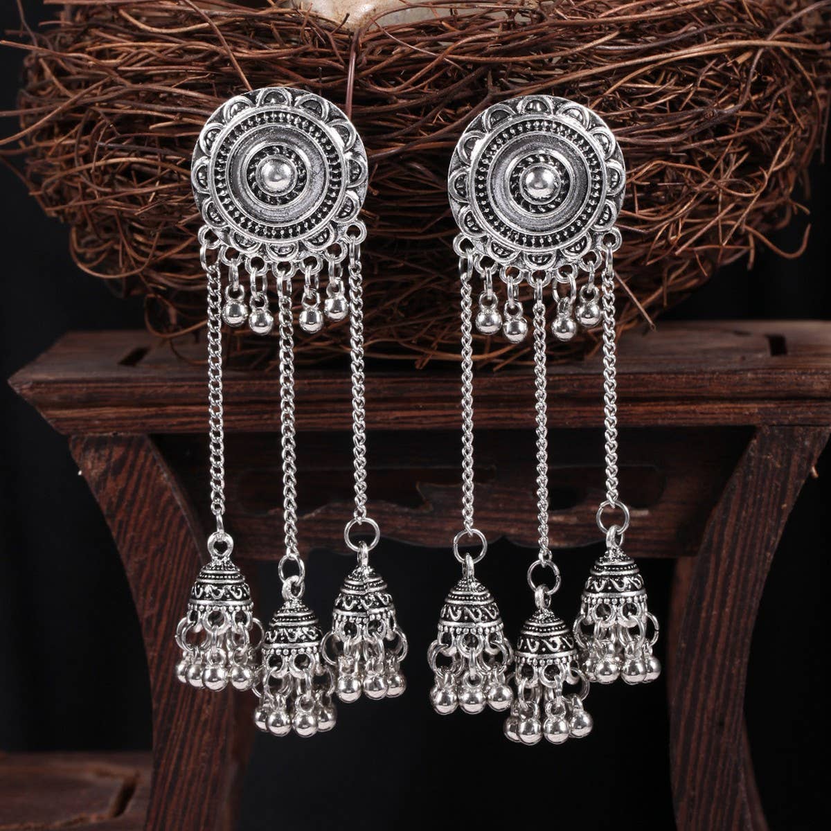 CWMM10446_BOHO LONG CHAIN SUNFLOWER BEADED DANGLE EARRINGS