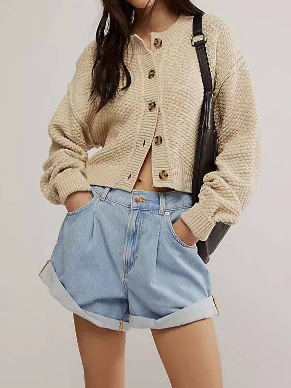 Round-neck street casual solid-color cardigan