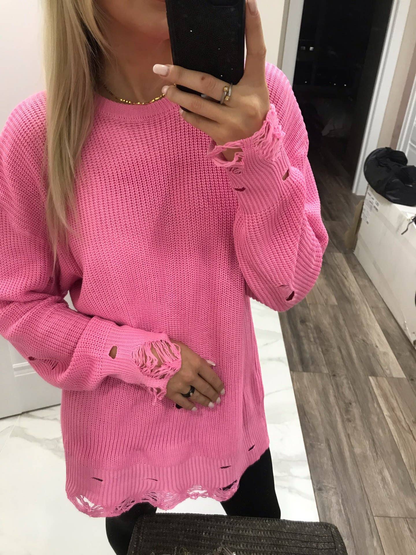 SOLID COLOR RIPPED MID-LENGTH CREW-NECK SWEATER
