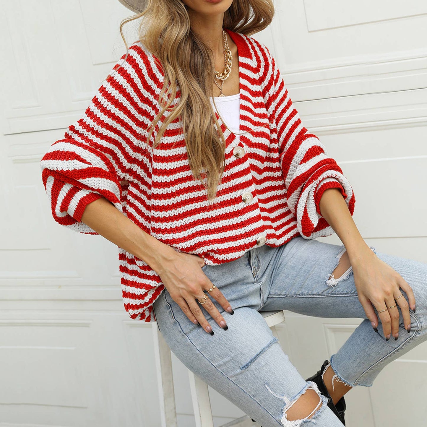 Single breasted loose striped cardigan knit coat