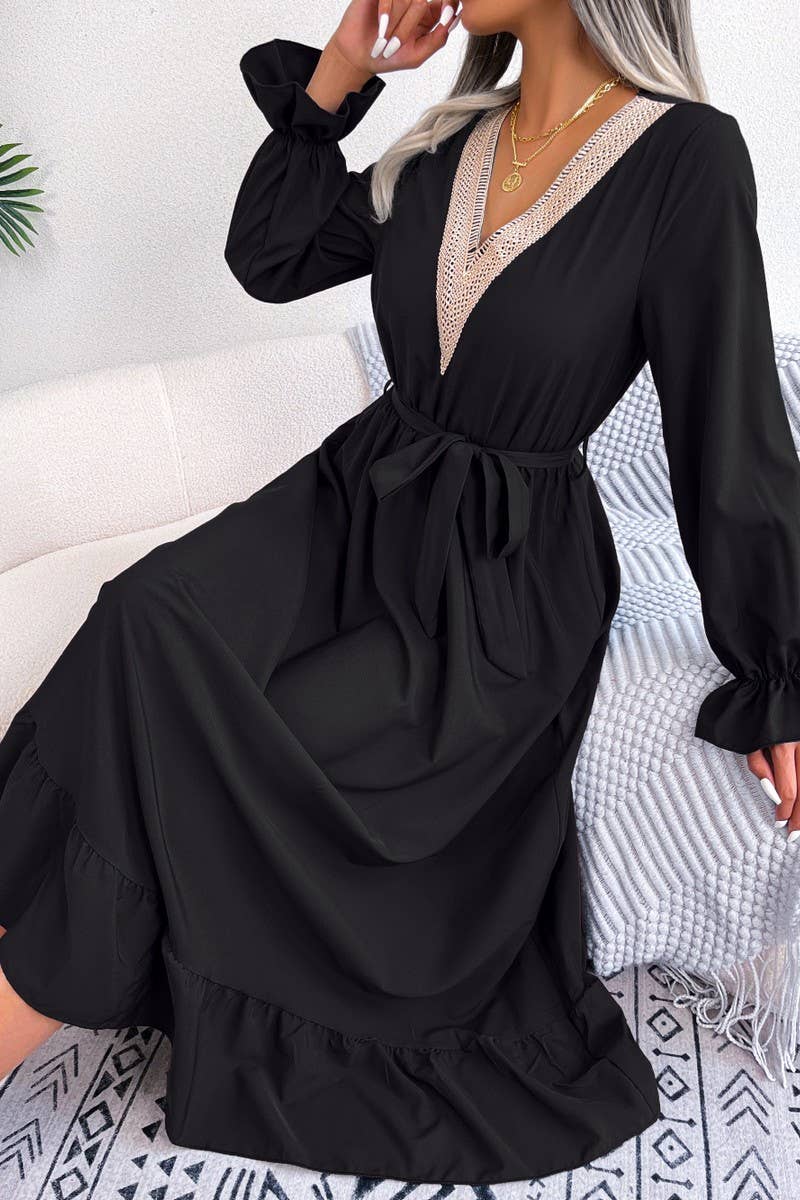 CWDMD4716_TEMPERAMENT V-NECK LACE WAIST RUFFLED LONG SKIRT