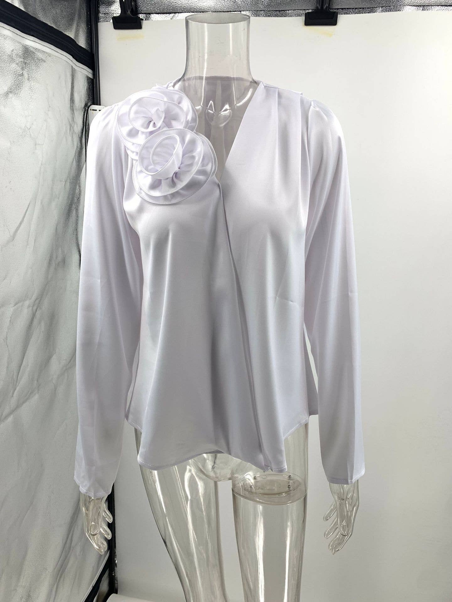 V-NECK FLORAL EMBELLISHED SATIN LONG SLEEVE SHIRT