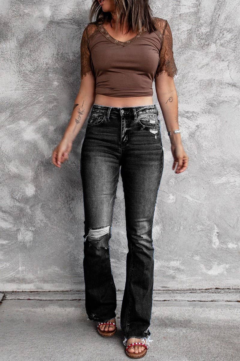 CWJP0604_HIGH WAIST STRETCH RIPPED FRAYED HEM FLARE JEANS