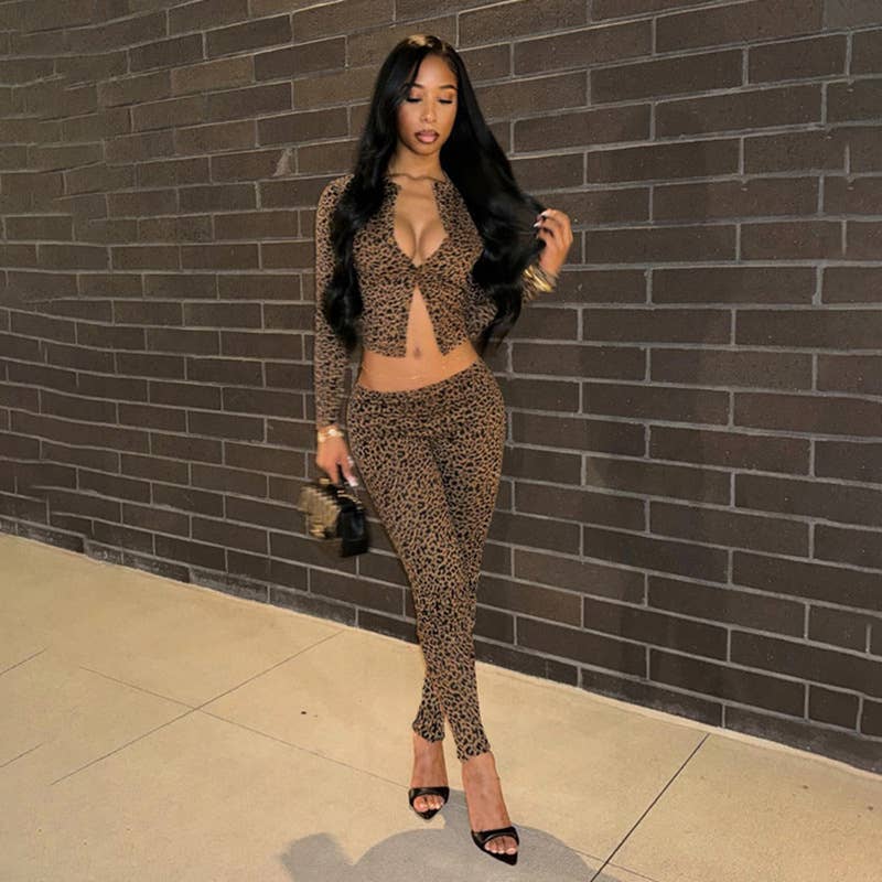 LEOPARD PERSONALITY CREW NECK TOP AND PANTS SUIT