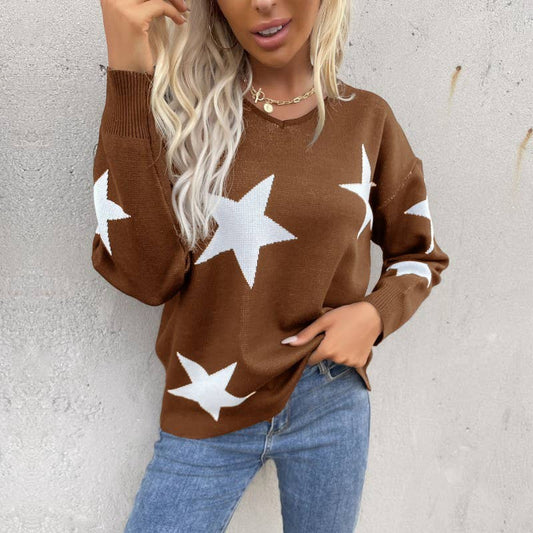 Five-pointed crew neck long-sleeved knit sweater