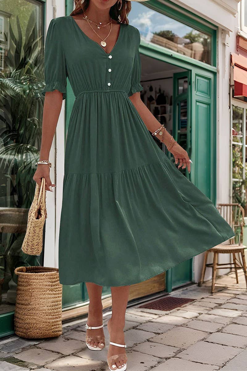 CWDMD2513_WAIST V-NECK SOLID COLOR DRESS