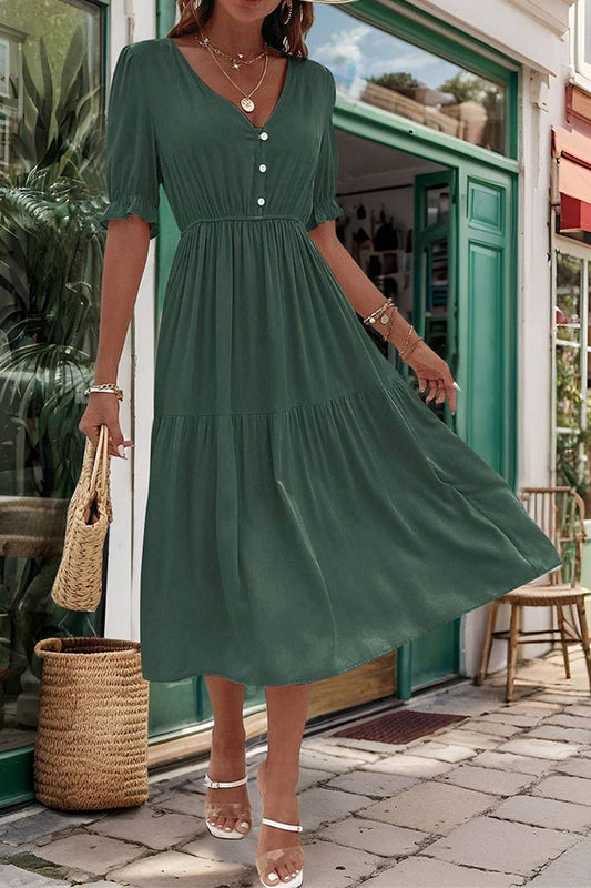 CWDMD2513_WAIST V-NECK SOLID COLOR DRESS