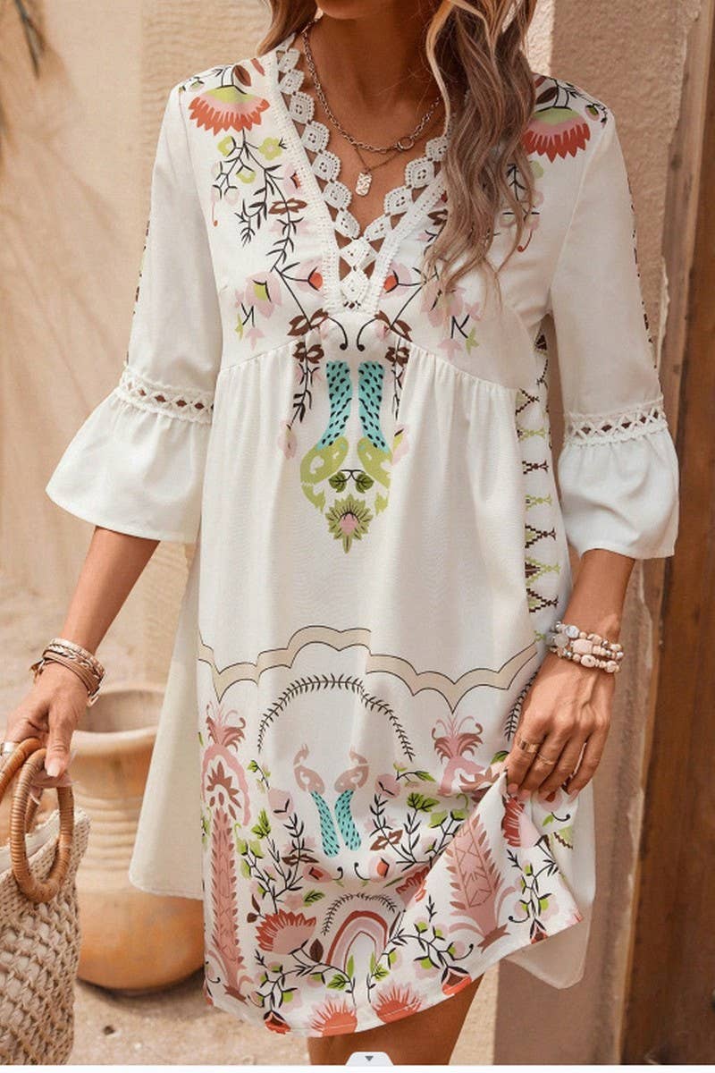CWDMD4946_SUMMER V-NECK LACE PATCHWORK CASUAL PRINT DRESS