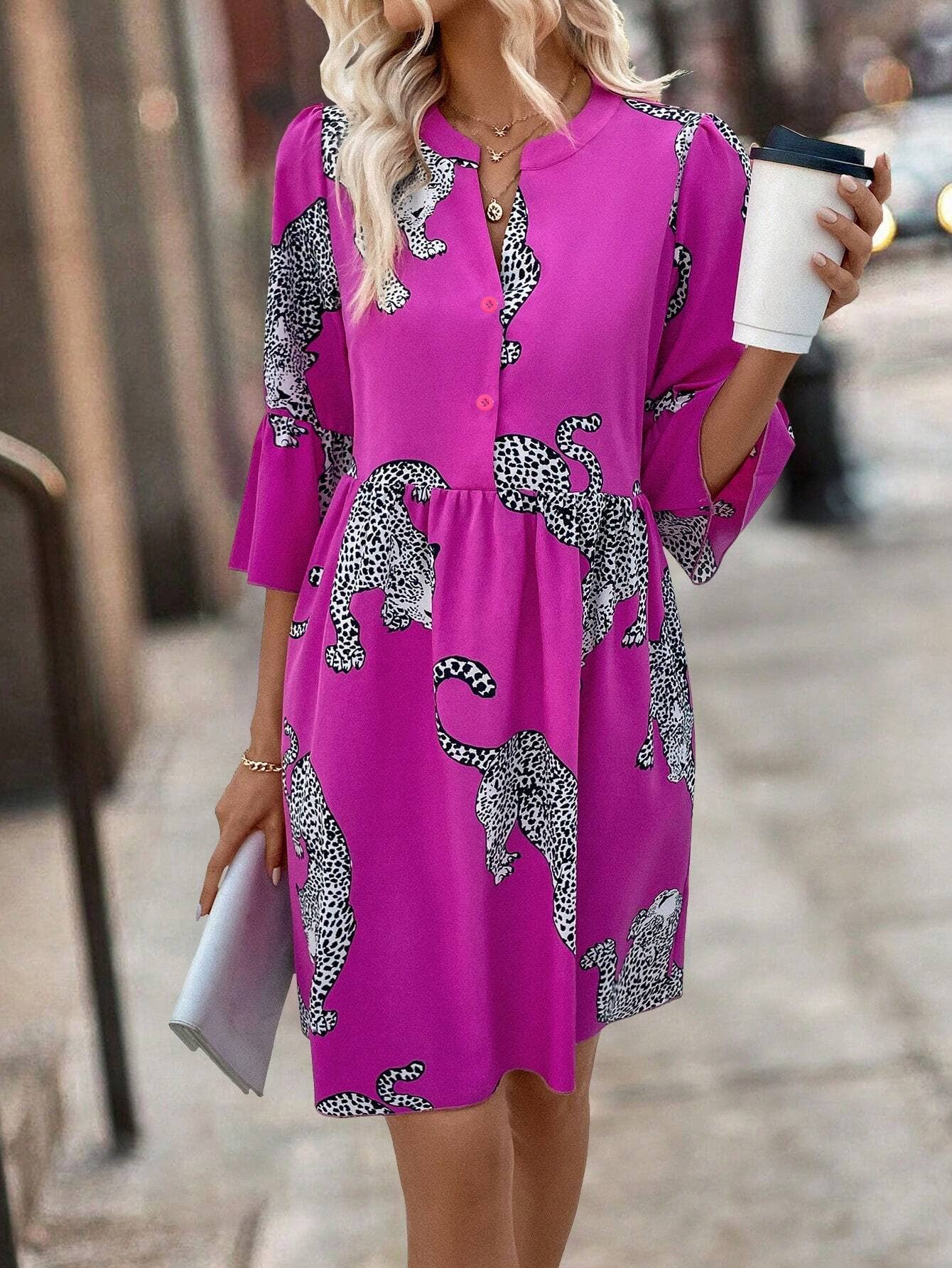 Leopard print button flared sleeve dress