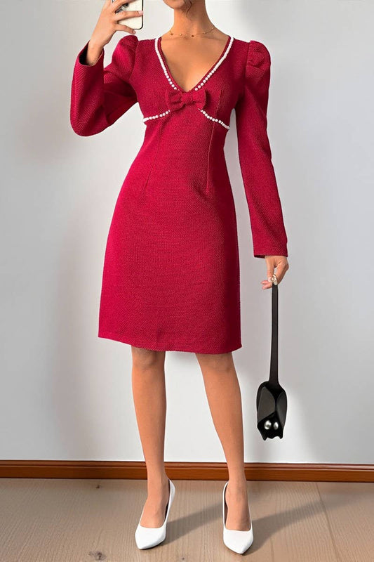 CWDSD10579_VINTAGE BOW PEARL DEEP V RED LONG SLEEVE DRESS