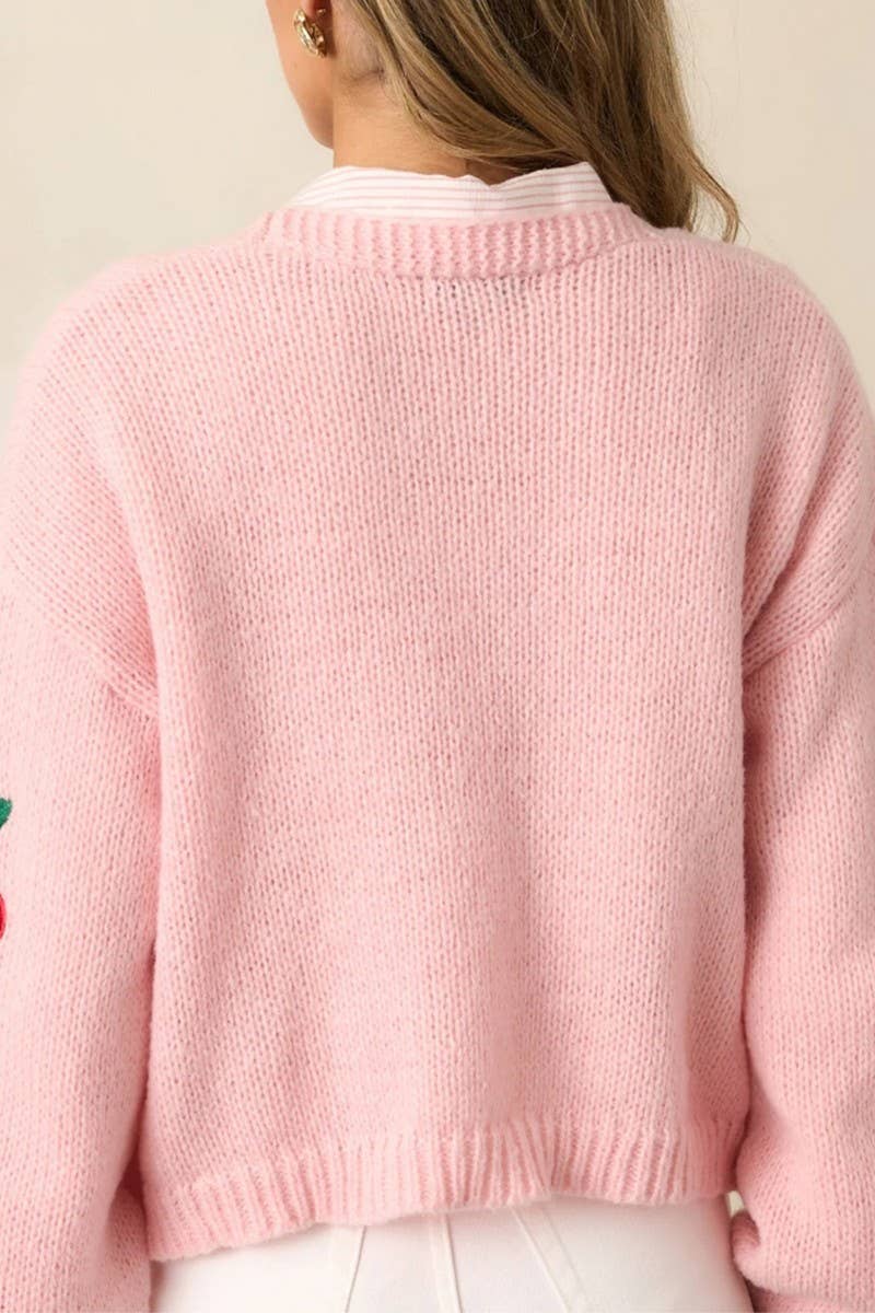 CWOCAL2361_ELEGANT PEACH EMBROIDERY KNIT CARDIGAN TOP