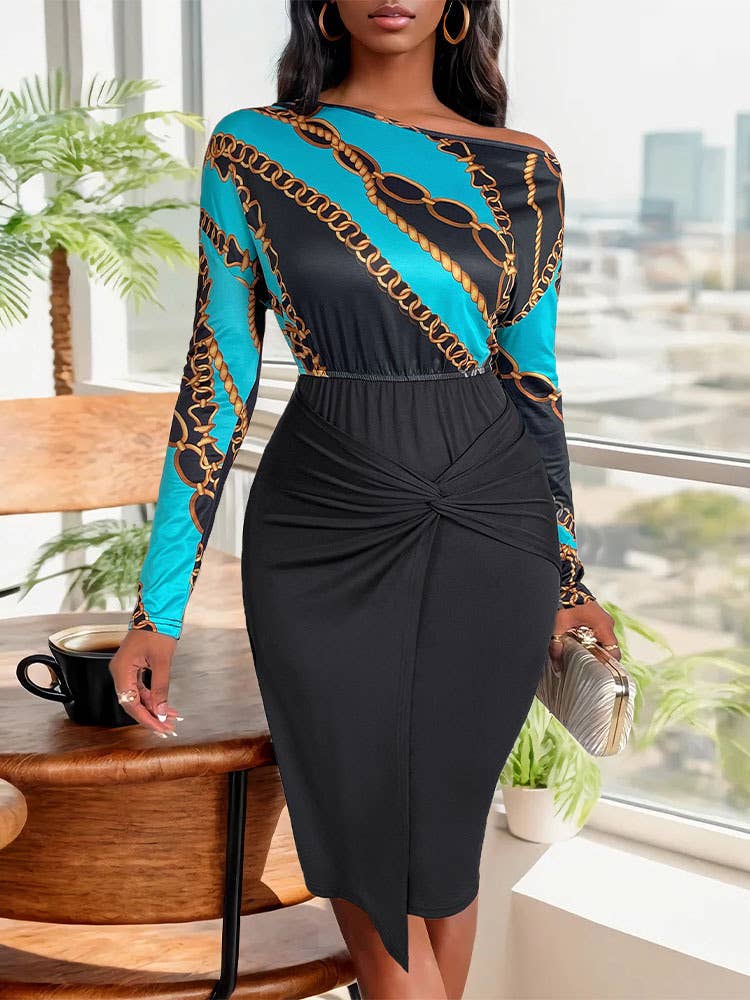 SLIM-FIT WRAP HIP TWIST PATCHWORK ELEGANT DRESS