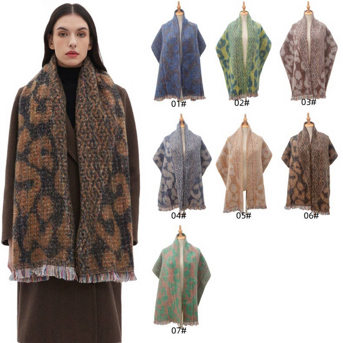 Leopard Jacquard Scarf ? Fringe Winter Wrap