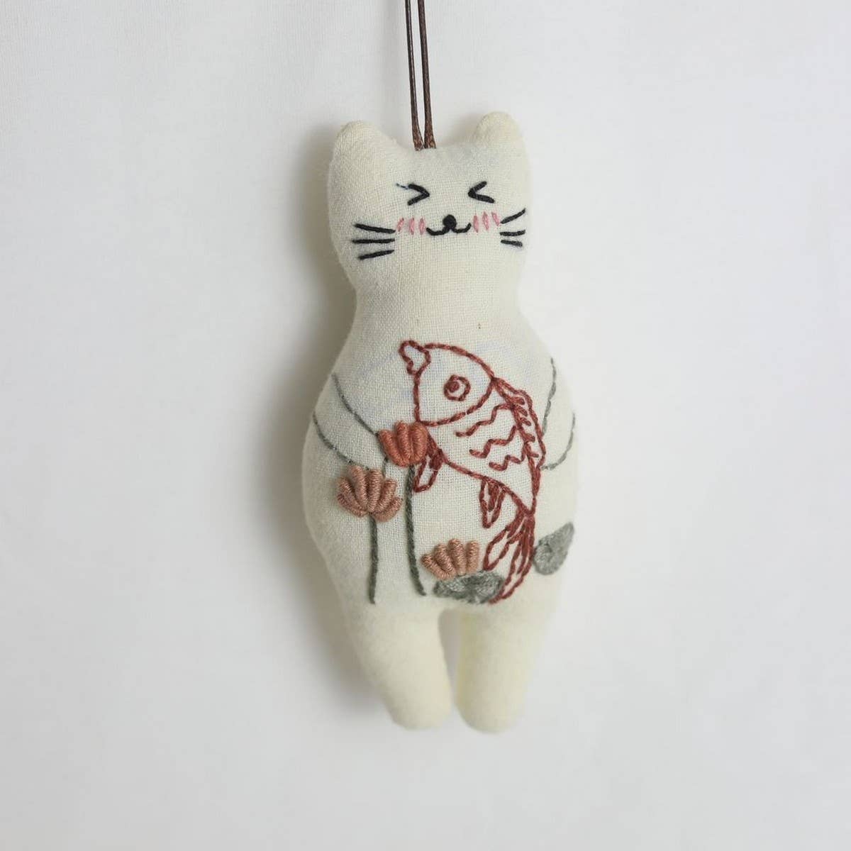 Hand-Embroidered Lotus Fish Cat Plush Charm