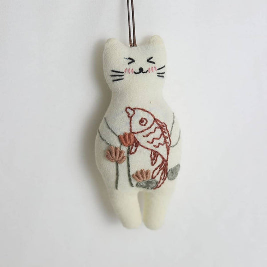Hand-Embroidered Lotus Fish Cat Plush Charm