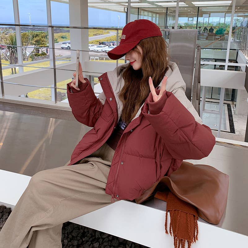 Short hooded,color-blocking,thick loose jacket