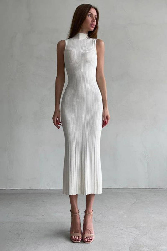 CWDMD4303_SOLID COLOR HIGH COLLAR SLEEVELESS TIGHT DRESS