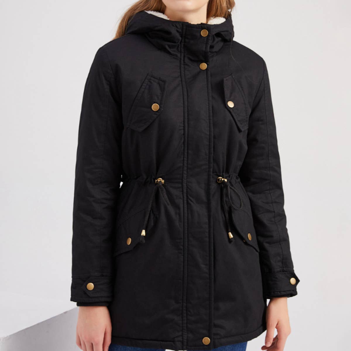 Solid color hooded parka thick fleece jacket