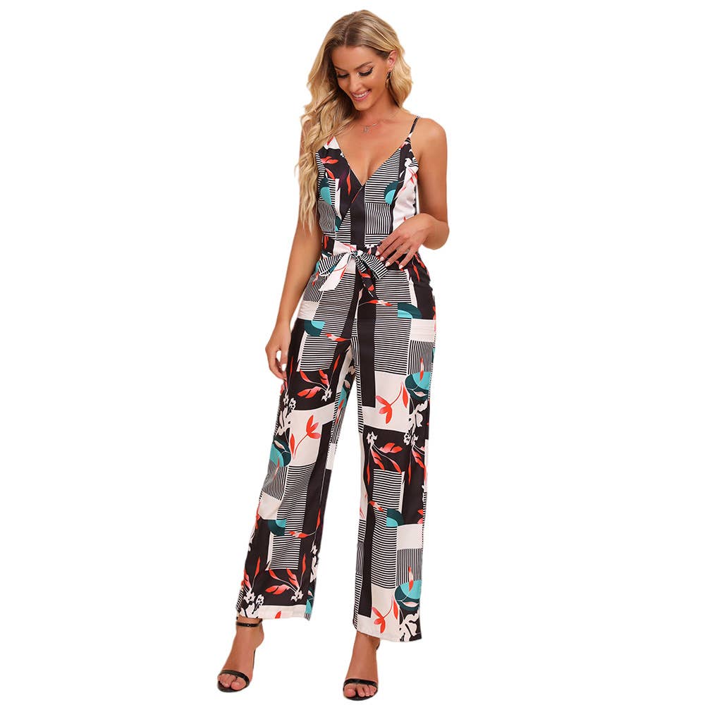 Printed backless V-neck spaghetti-strap jumpsuit