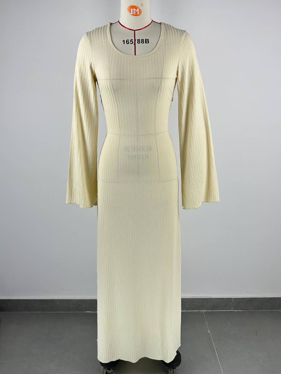 Big Pit Strip Long Sleeve U-Neck Dress_Cwdmd3185