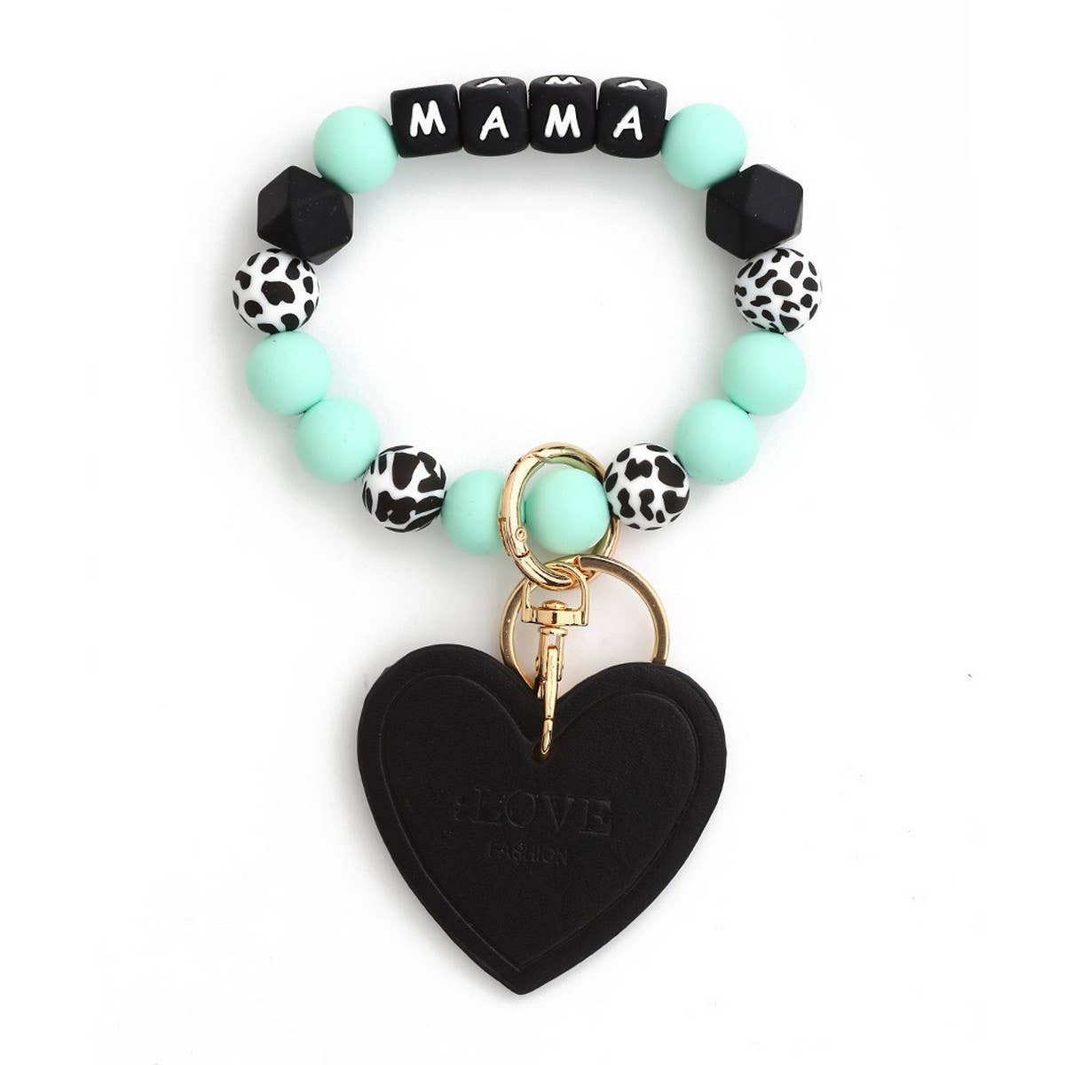 Leopard Print Silicone Bead Heart Bracelet Keychain_CWAB5018