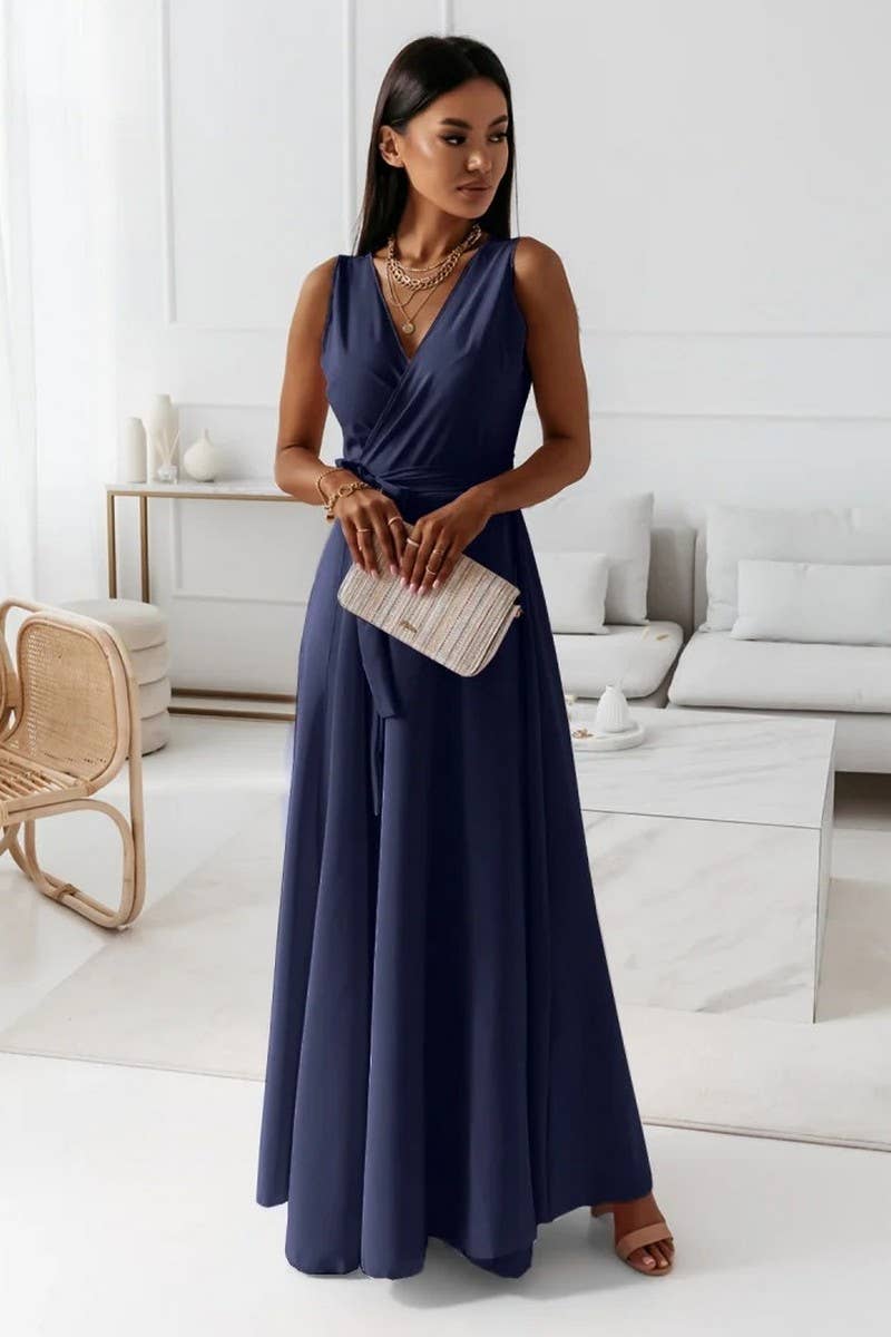 CWDMD4853_LACE-UP V-NECK LONG EVENING GOWN DRESS