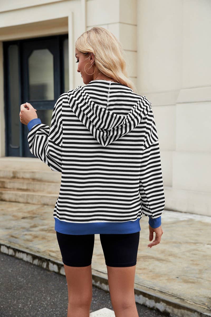 CWOCO0879_CASUAL CONTRAST STRIPE HOODED ZIP-UP SWEATSHIRT