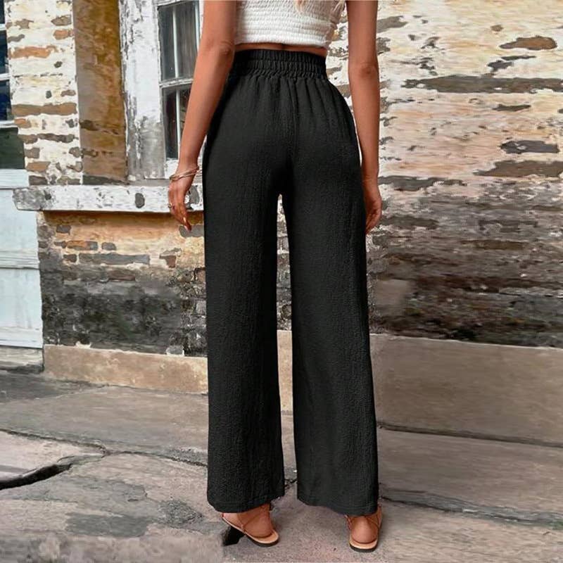 High Waist Elastic Straight Pants with Pockets