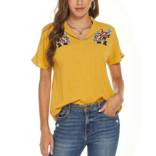 Lapel loose chiffon short sleeve