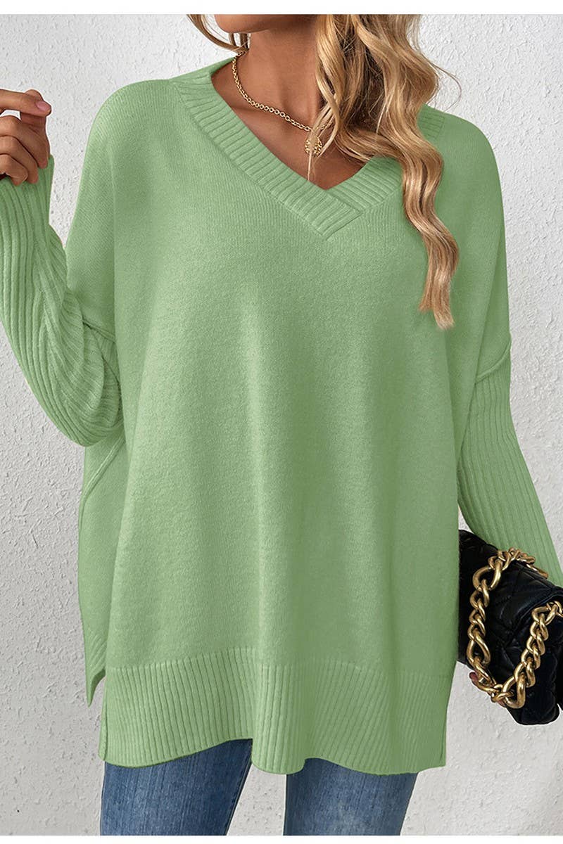 CWOCAL0805_V-NECK LOOSE STITCHING LONG-SLEEVED SWEATER