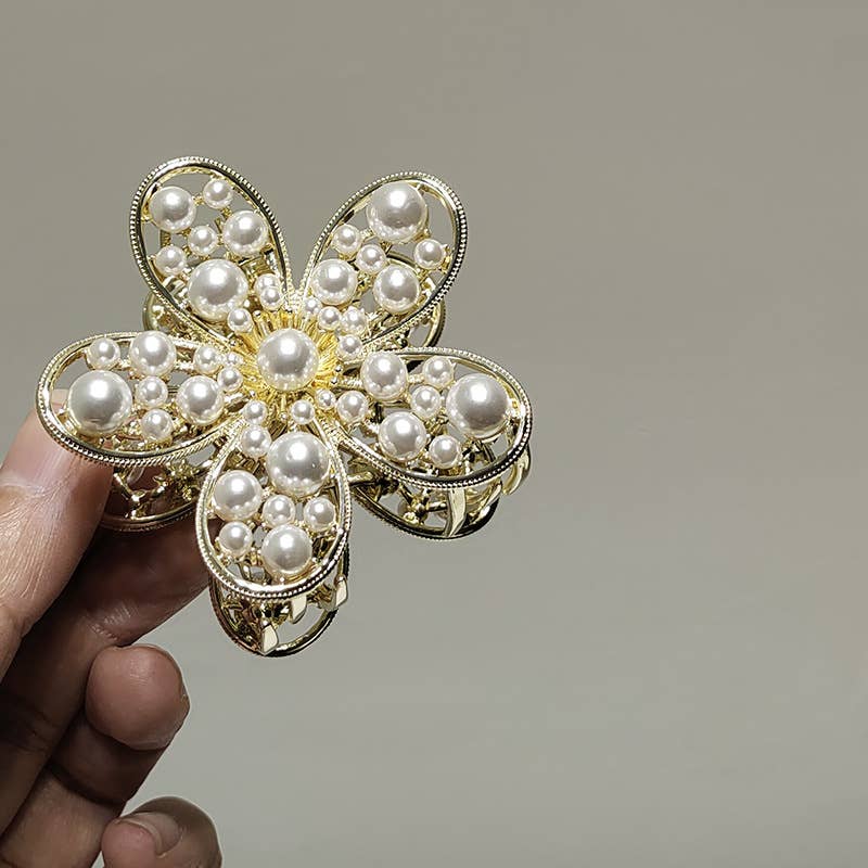 PEARL FLOWER METAL GOLD HAIR CLAW CLIP_CWAHA0620