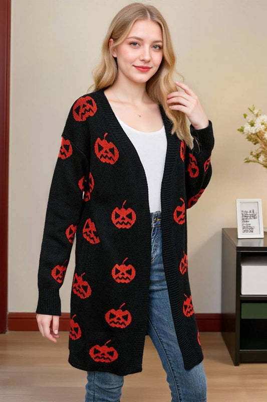 CWOCAL00696_HALLOWEEN PUMPKIN JACQUARD LONG KNIT CARDIGAN