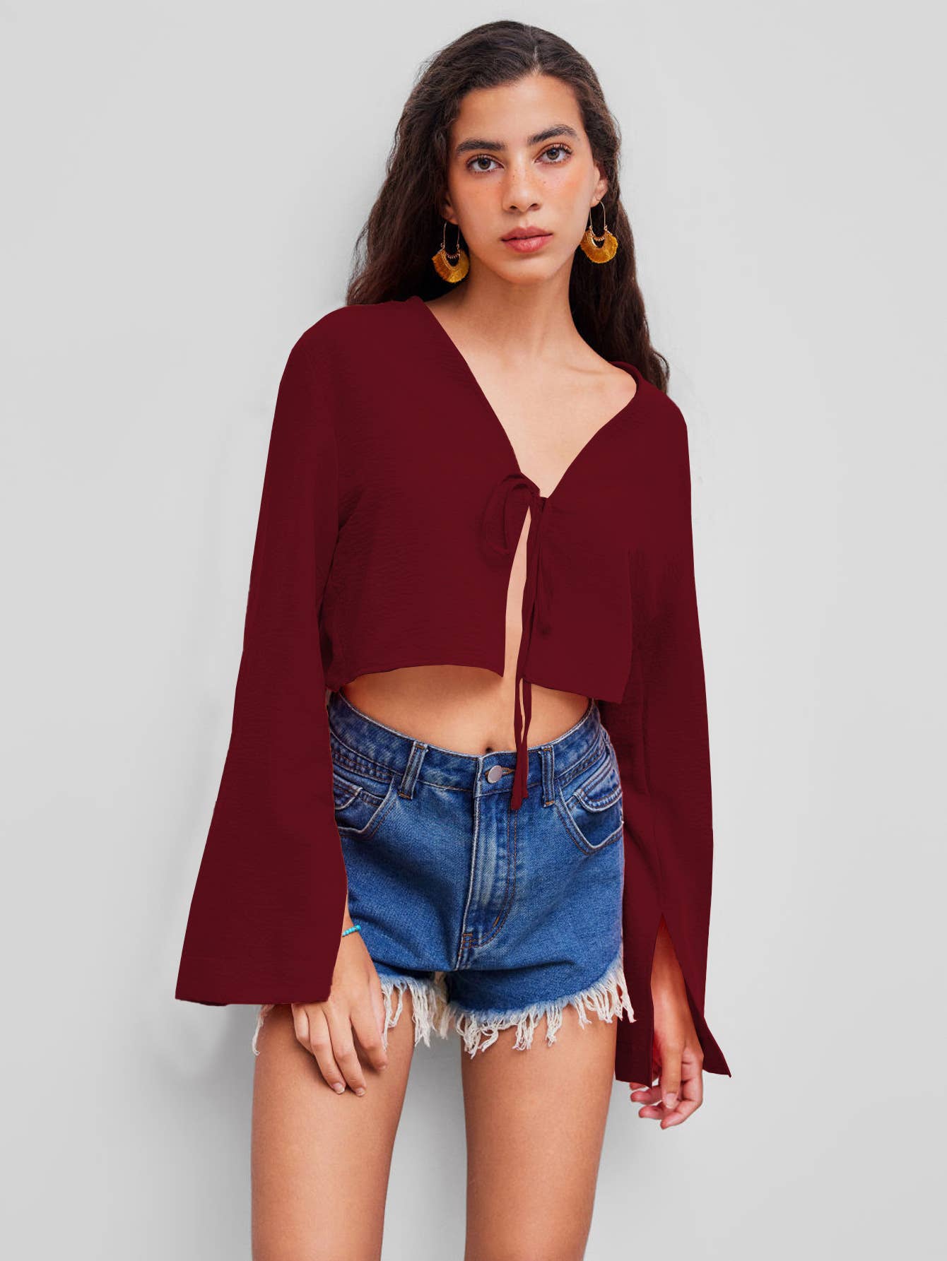 SEXY V-NECK T-SHIRT LACE-UP SMALL CARDIGAN