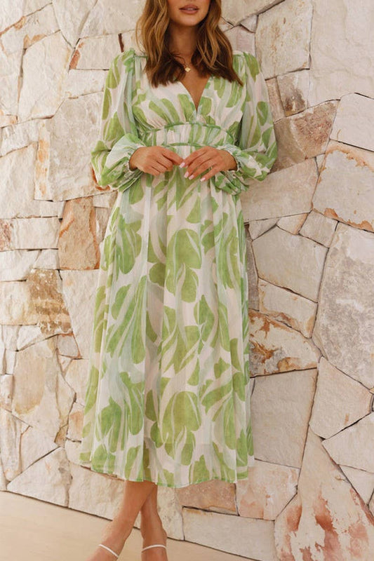 CWDMD5665_ELEGANT V-NECK FLORAL MESH LONG SLEEVE DRESS