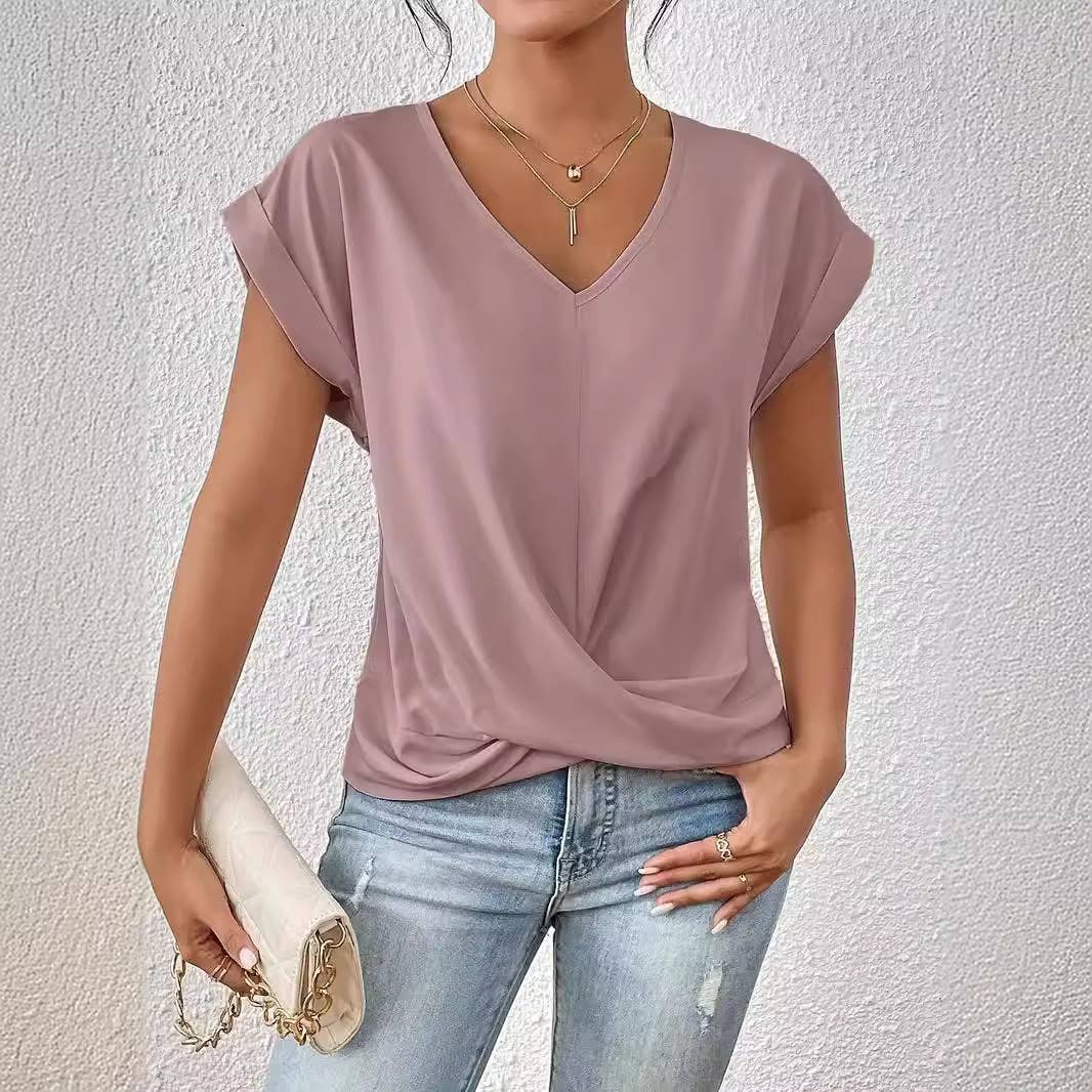 Elegant short-sleeved solid-color V-neck T-shirt